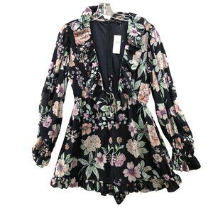 NWT American Eagle Long Sleeve Romper Size S Navy Floral Ruffle Hem Plunge